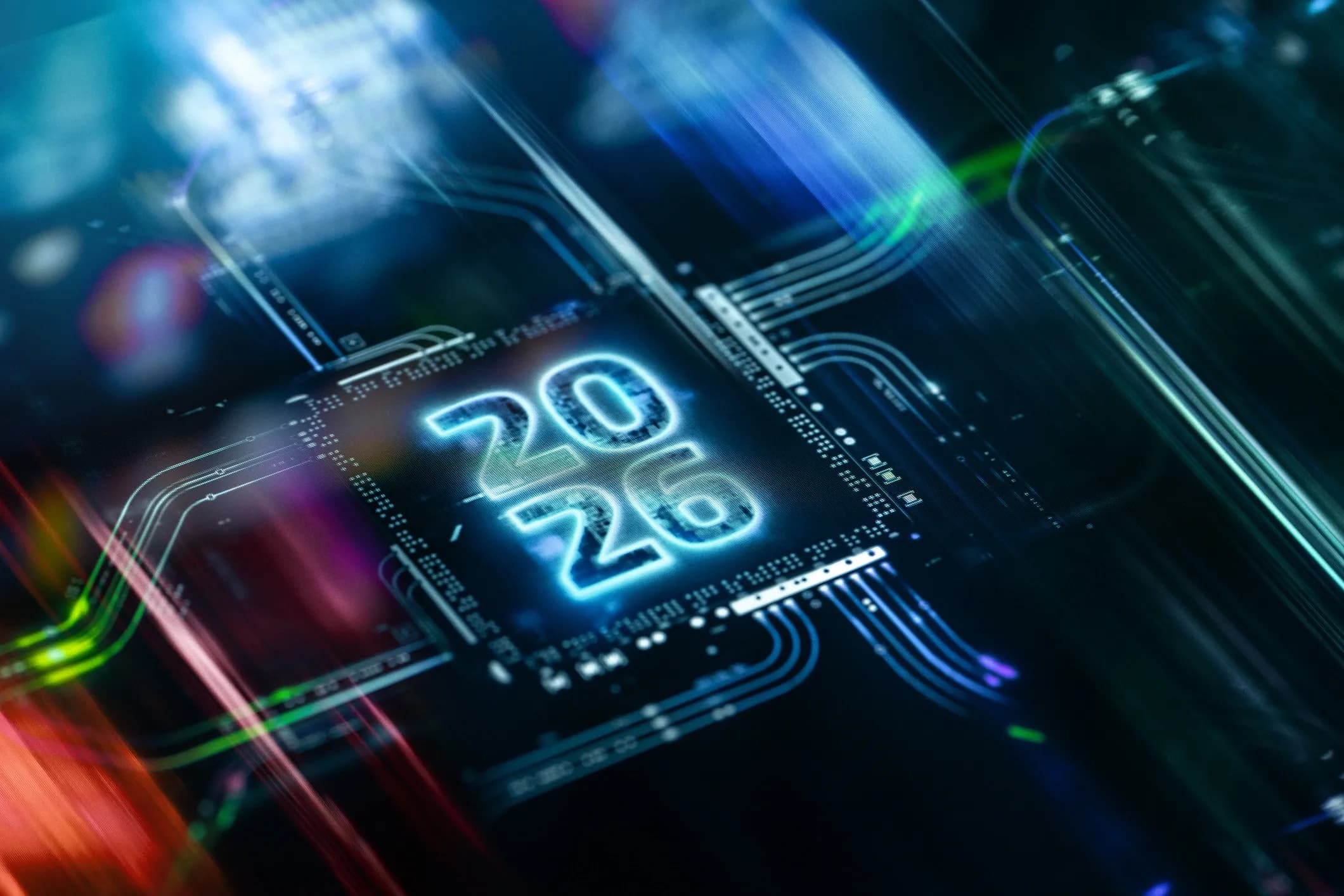Chip com o número 2026 em destaque sobre uma placa de circuitos iluminada